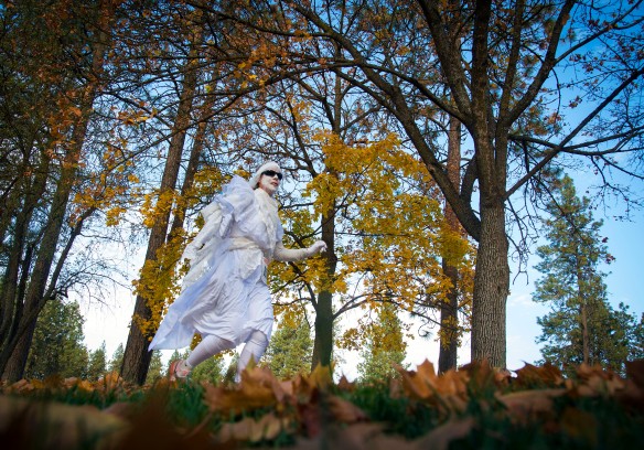 Pat Cason, dressed as the Bride of Frankenstein, makes her way along the course during the 5k Monster Dash + Kids' Fun Run in Manito Park, Sunday, Oct. 25, 2015. Over 600 adults and children, many dressed in Halloween costumes, ran the 5k, or one of the shorter kids' fun runs. The race was put on by Active4Youth - whose mission is to combat childhood obesity & juvenile delinquency through after-school sports programs. COLIN MULVANY colinm@spokesman.com